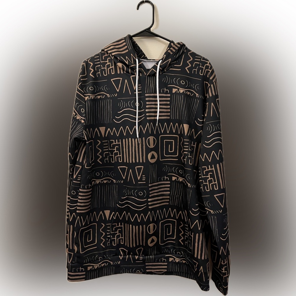 Geometric Aztec Patterned Black and Brown Men's Hoodie